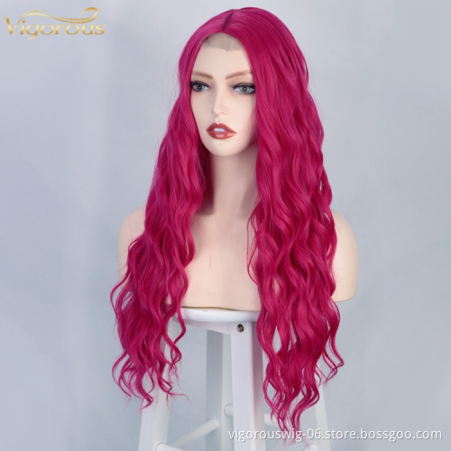 Vigorous Lace High Quality Synthetic Long Wavy red Full Wig front for Women Cosplay Heat Resistant Fiber Curly Colorful Wig